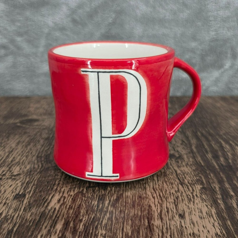 Anthropologie Mug Hand Painted Red White Black Monogrammed Initial P Coffee Tea